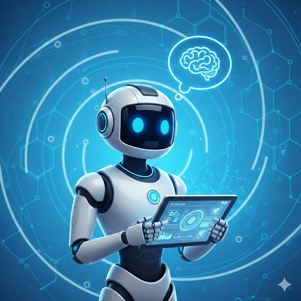 Illustration d'un petit robot blanc et bleu tenant une tablette numérique sur fond de circuits technologiques, mascotte de The IT-Friend.