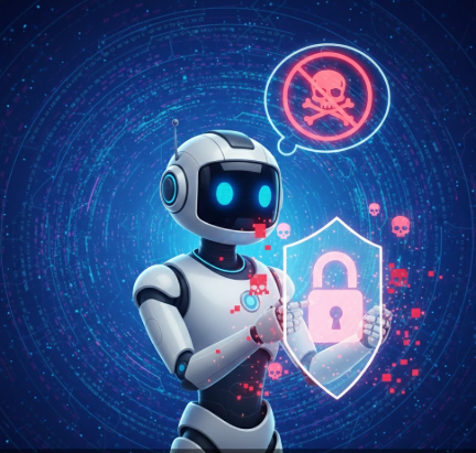 Petit robot blanc et bleu tenant un bouclier avec un cadenas rose pour protéger des données contre les dangers du Dark Web, style futuriste et tech.