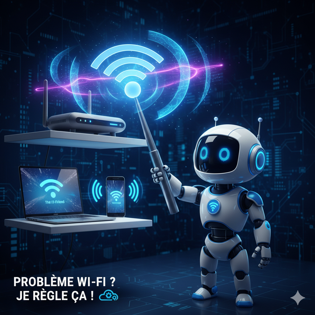 Petit robot blanc mascotte de The IT-Friend pointant une baguette vers un signal Wi-Fi bleu lumineux au-dessus d'un ordinateur et d'un smartphone pour symboliser le dépannage réseau.