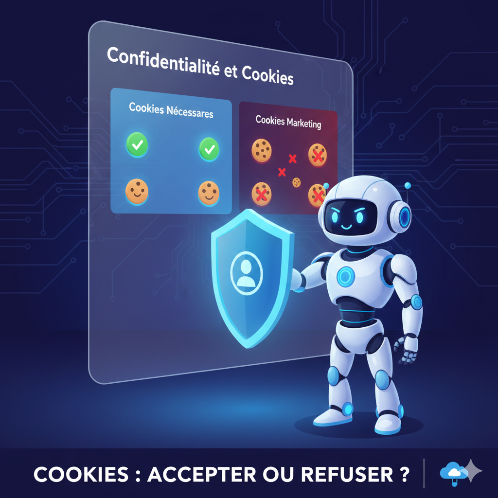 Mascotte robotique The IT-Friend devant un écran affichant des choix de cookies, tenant un bouclier pour symboliser la protection des données personnelles sur Internet.