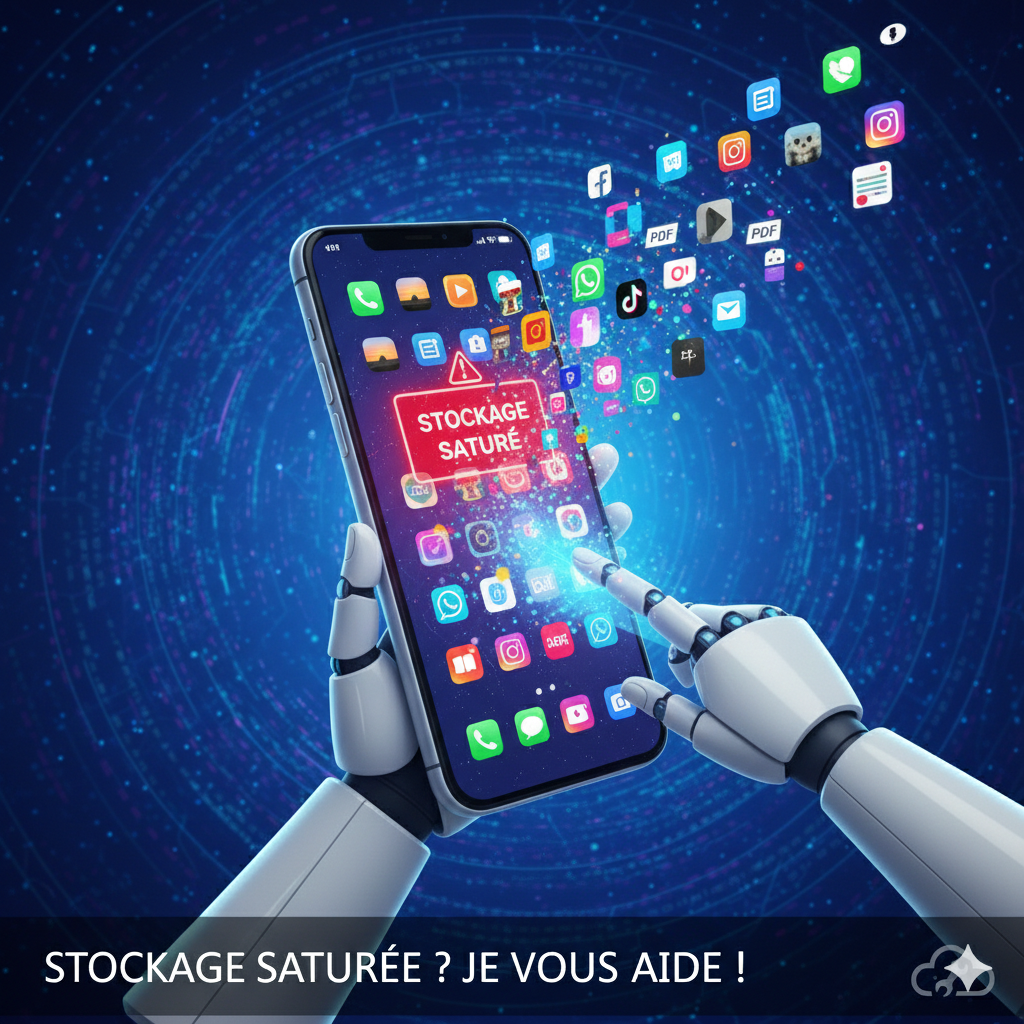 Mains de robot tenant un smartphone affichant un message d'alerte rouge "Stockage saturé" avec des icônes d'applications et de fichiers qui s'envolent, style technologique bleu et néon.